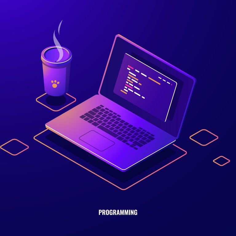Laptop with program code isometric icon, software development and programming applications dark neon vector